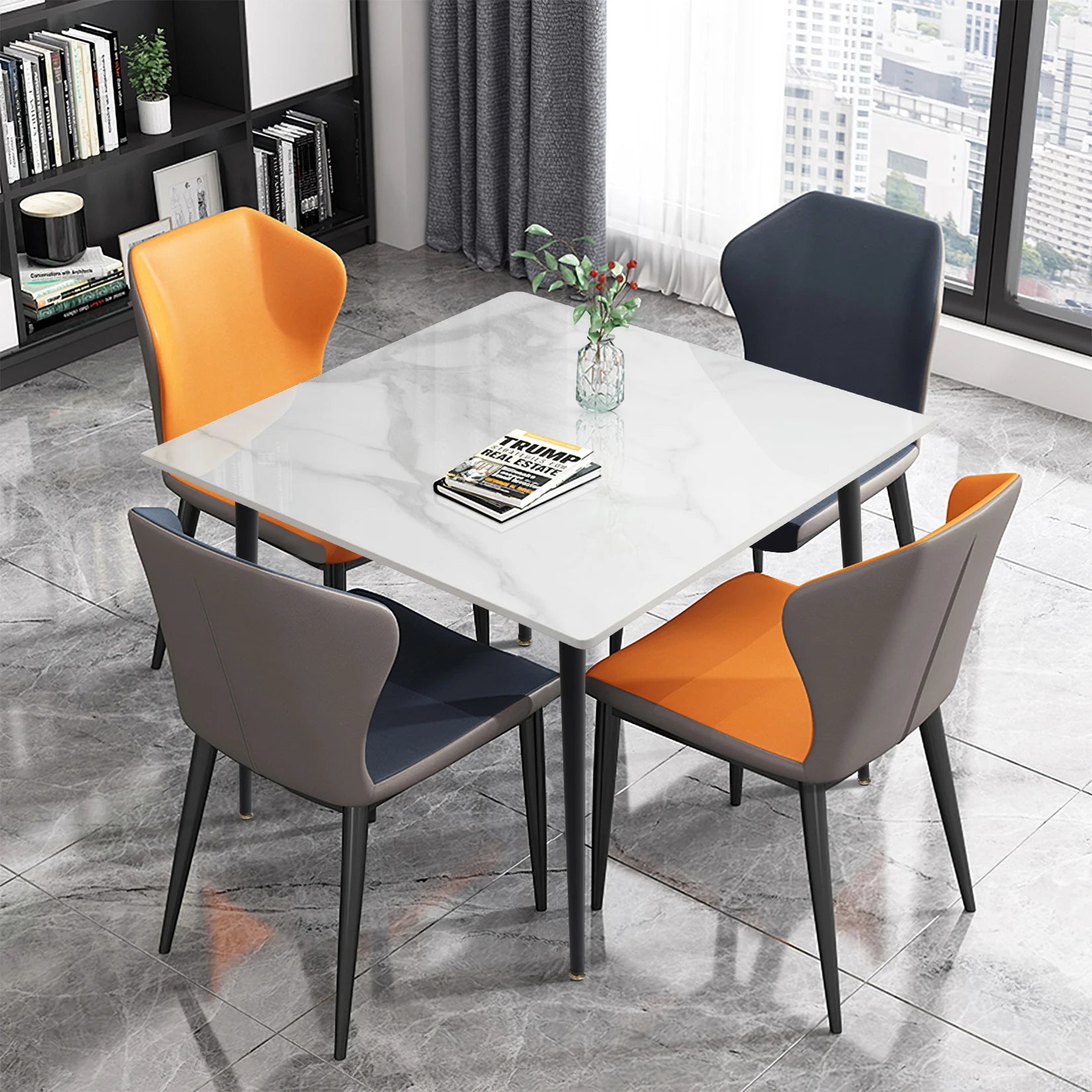 Square Dining Table with Sintered Stone Top and Metal Frame 80cm Modern Kitchen Table White & Grey