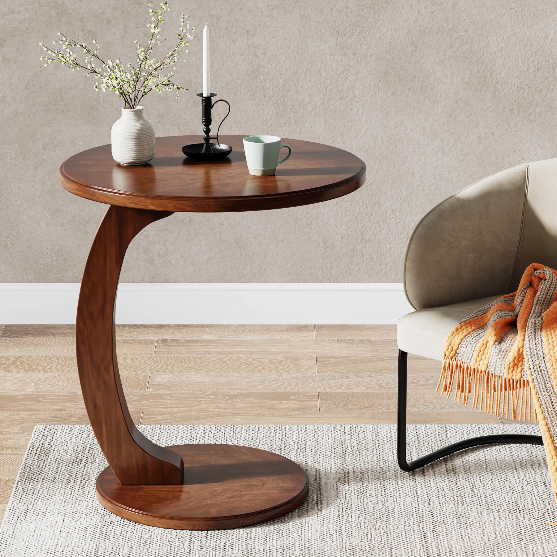 Round Wooden Side Table 48cm Vintage End Table Small Coffee Table for Living Room Bedroom Brown