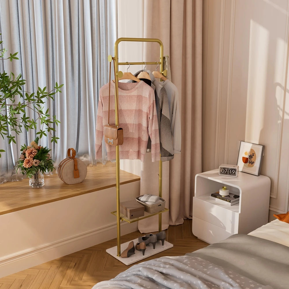 Freestanding Coat Rack Stand with Shelves and Hooks Gold Metal Garment Rack