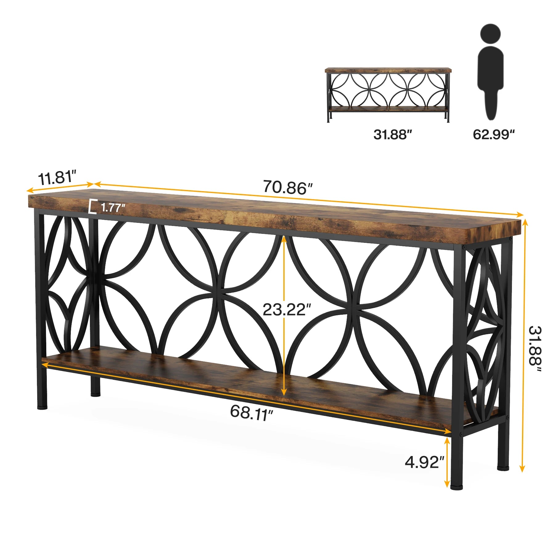 180cm Industrial Console Table with 2-Tier Shelf Narrow Sofa Table