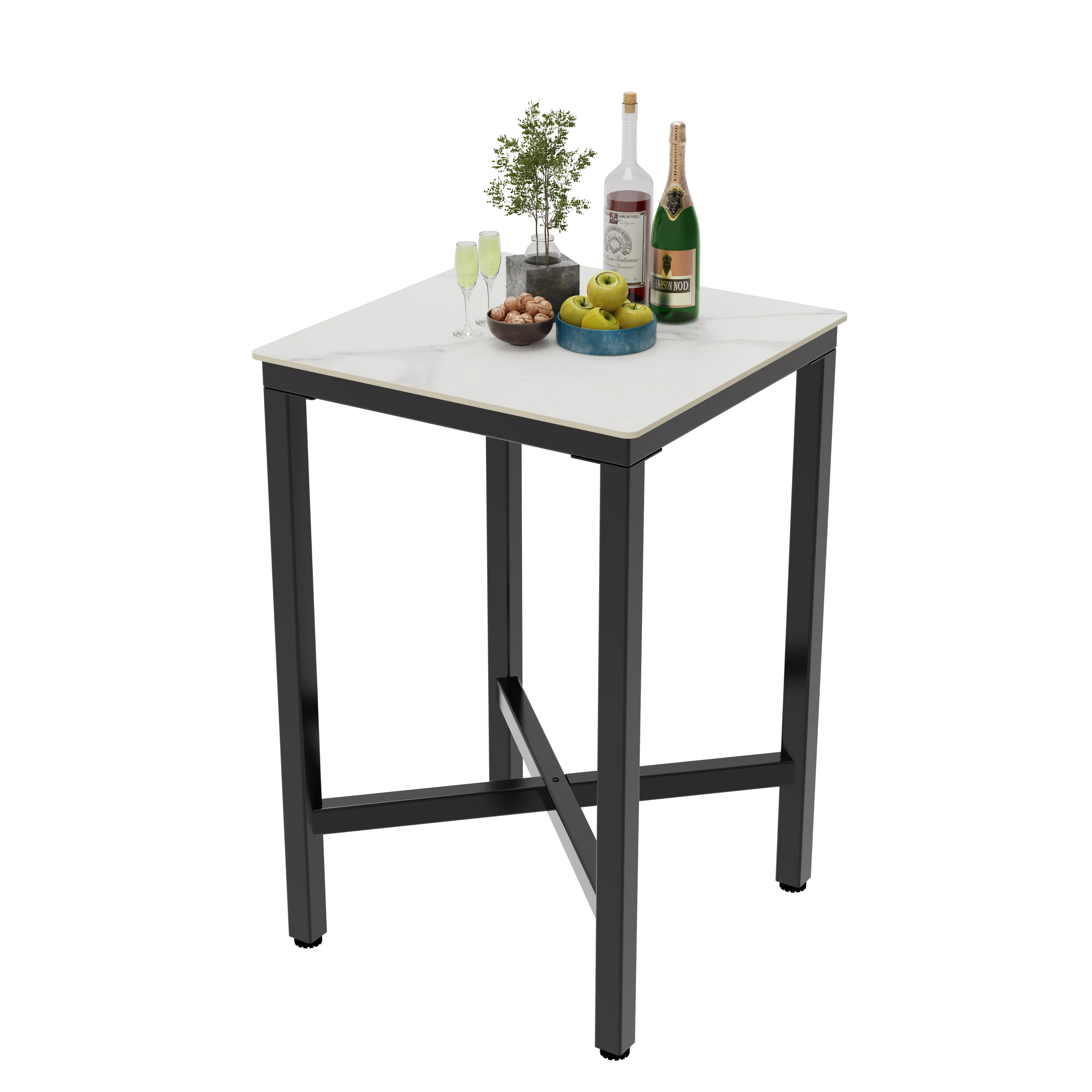 Square Bar Table with Sintered Stone Top and Metal Frame 70cm Modern Kitchen Pub Tabl White