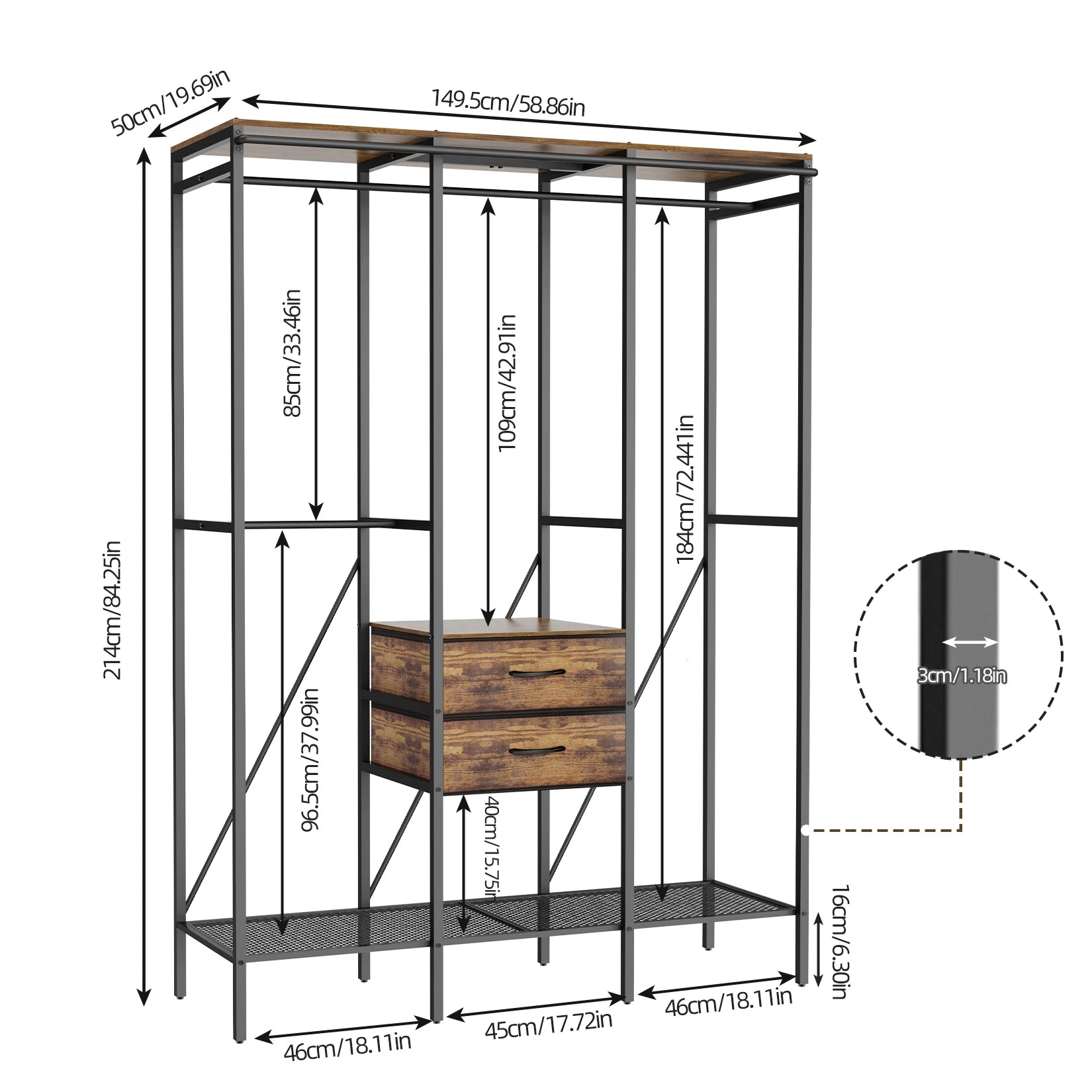 Heavy Duty Clothes Rack Wardrobe with Shelves and Dustproof Cover Industrial Garment Rack XXL Black & Brown