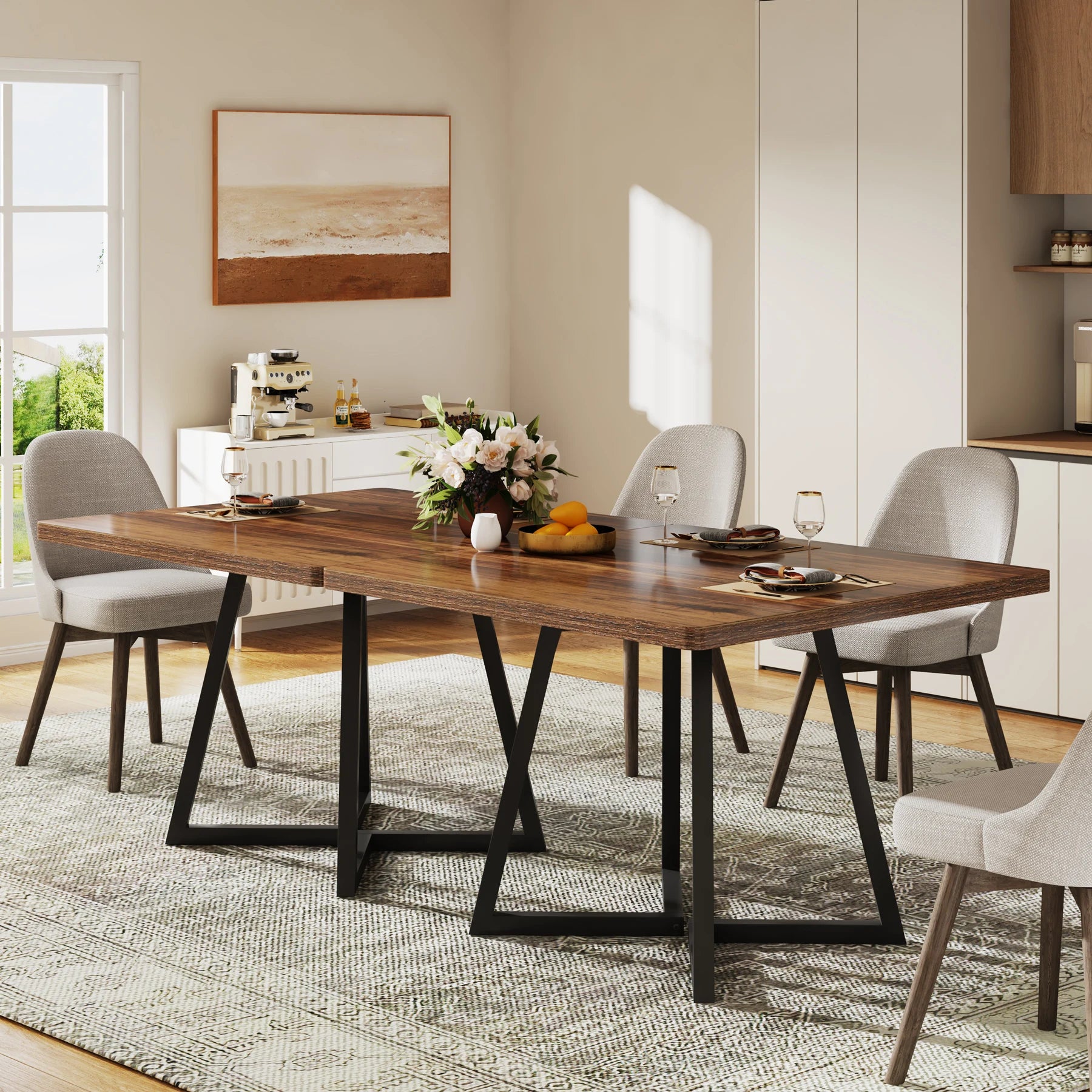 80cm Square Dining Table Rustic Wood Top with Metal Legs Kitchen Table for 4 Rustic Brown