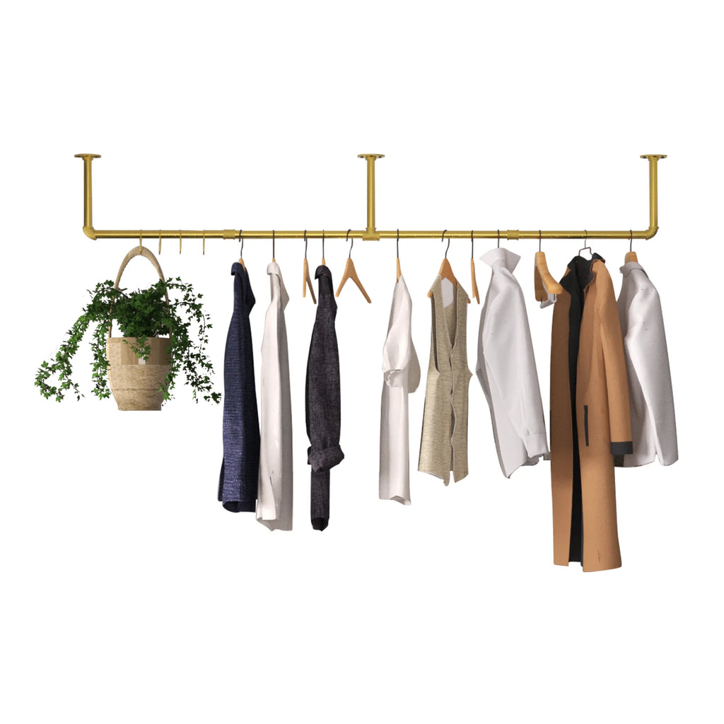 Adjustable Industrial Pipe Clothes Rack Wall Mounted Garment Rack 90-180cm with Hooks Gold