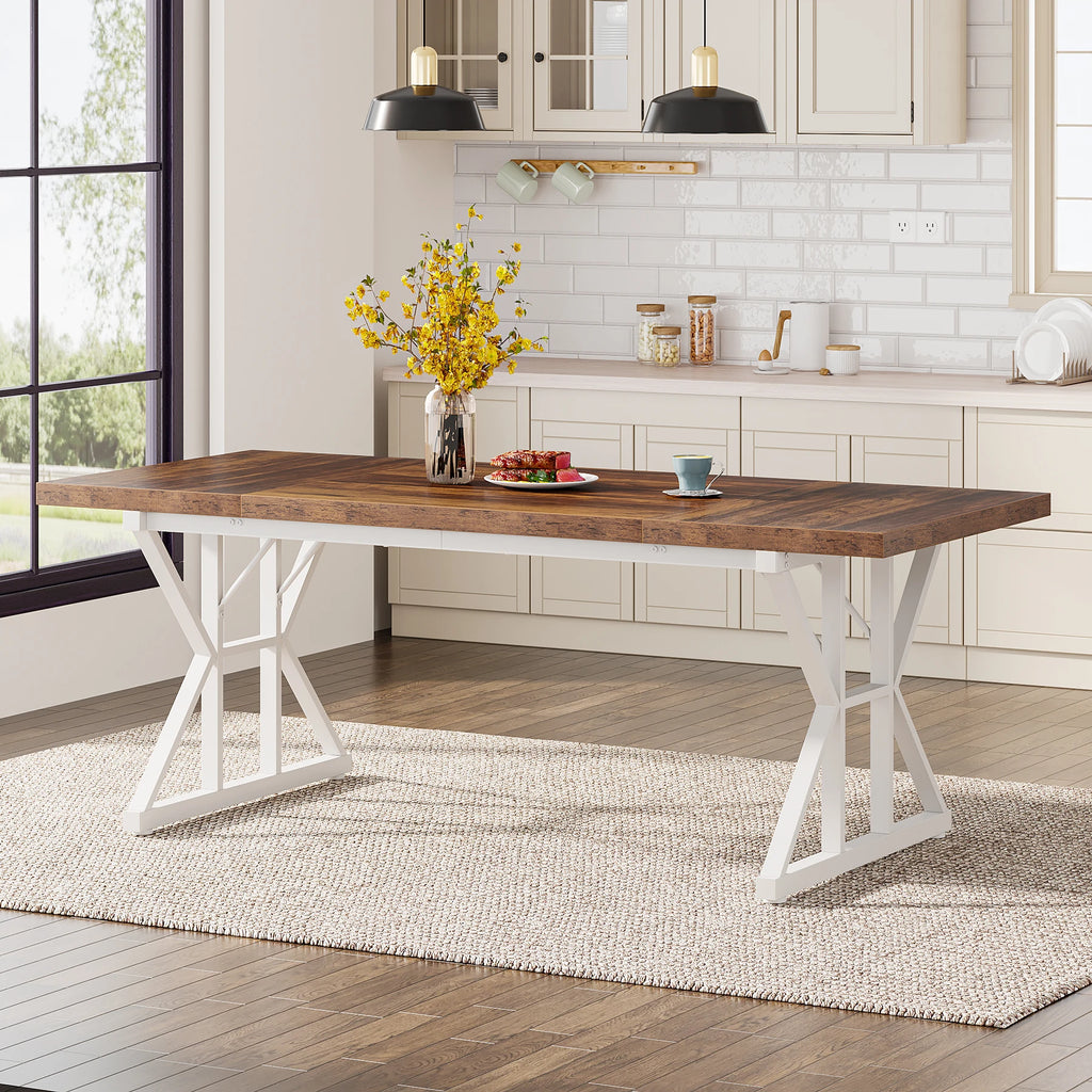 6-Seater Farmhouse Dining Table with Metal Trestle Frame and Wooden Top 180cm Kitchen Table Brown and White