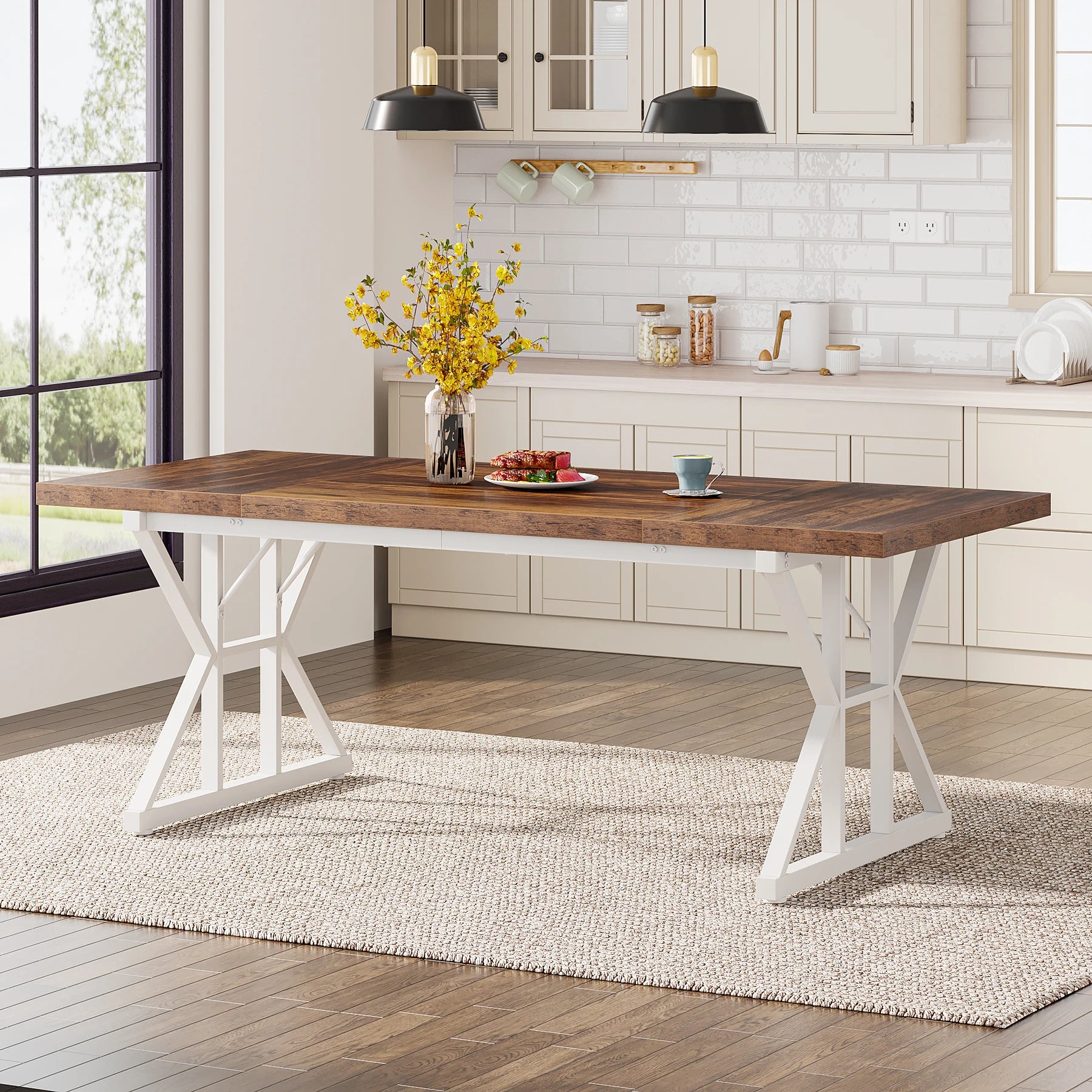 6-Seater Farmhouse Dining Table with Metal Trestle Frame and Wooden Top 180cm Kitchen Table Brown and White