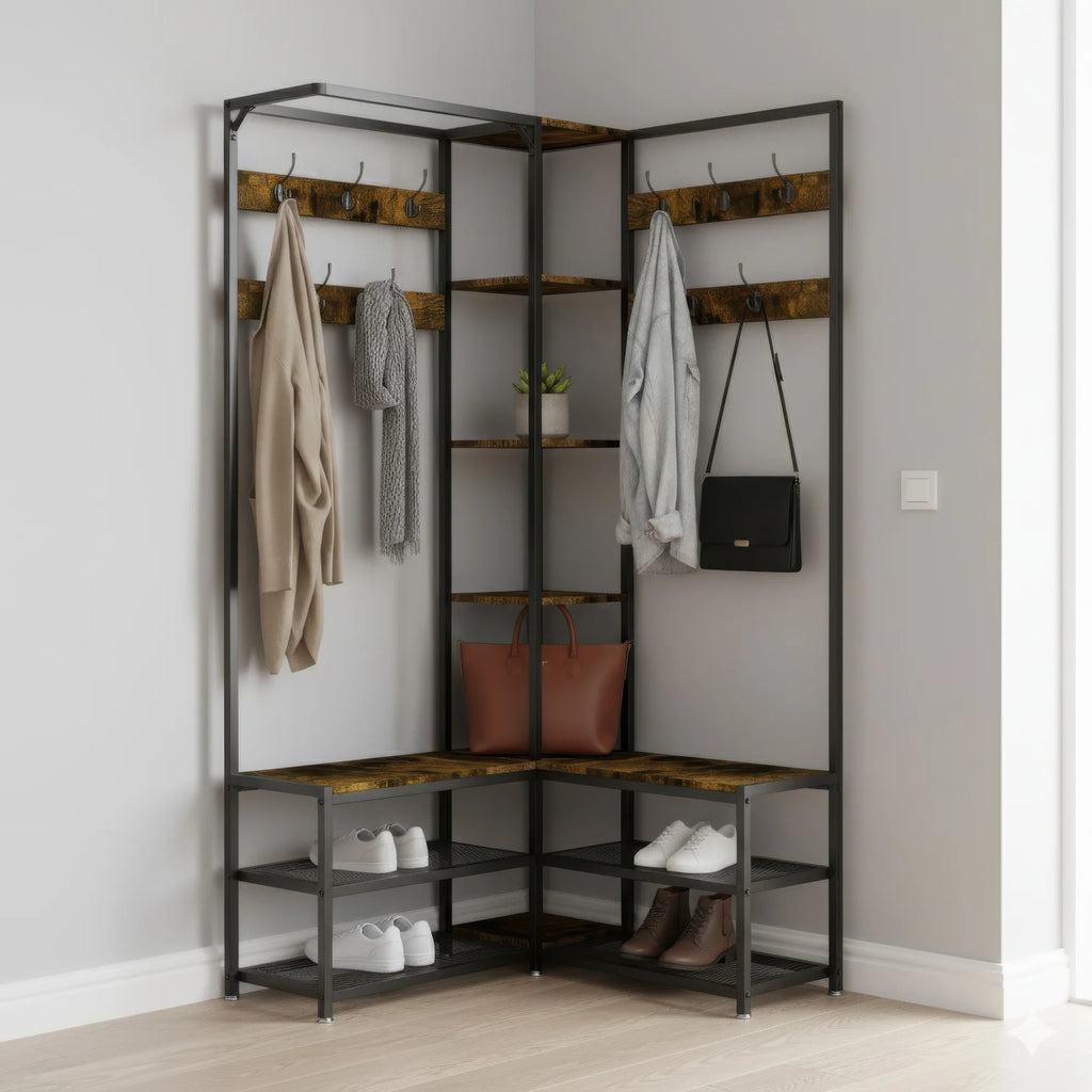 Industrial Hall Tree Coat Rack with Shelves and Metal Frame Entryway Storage Organizer Brown