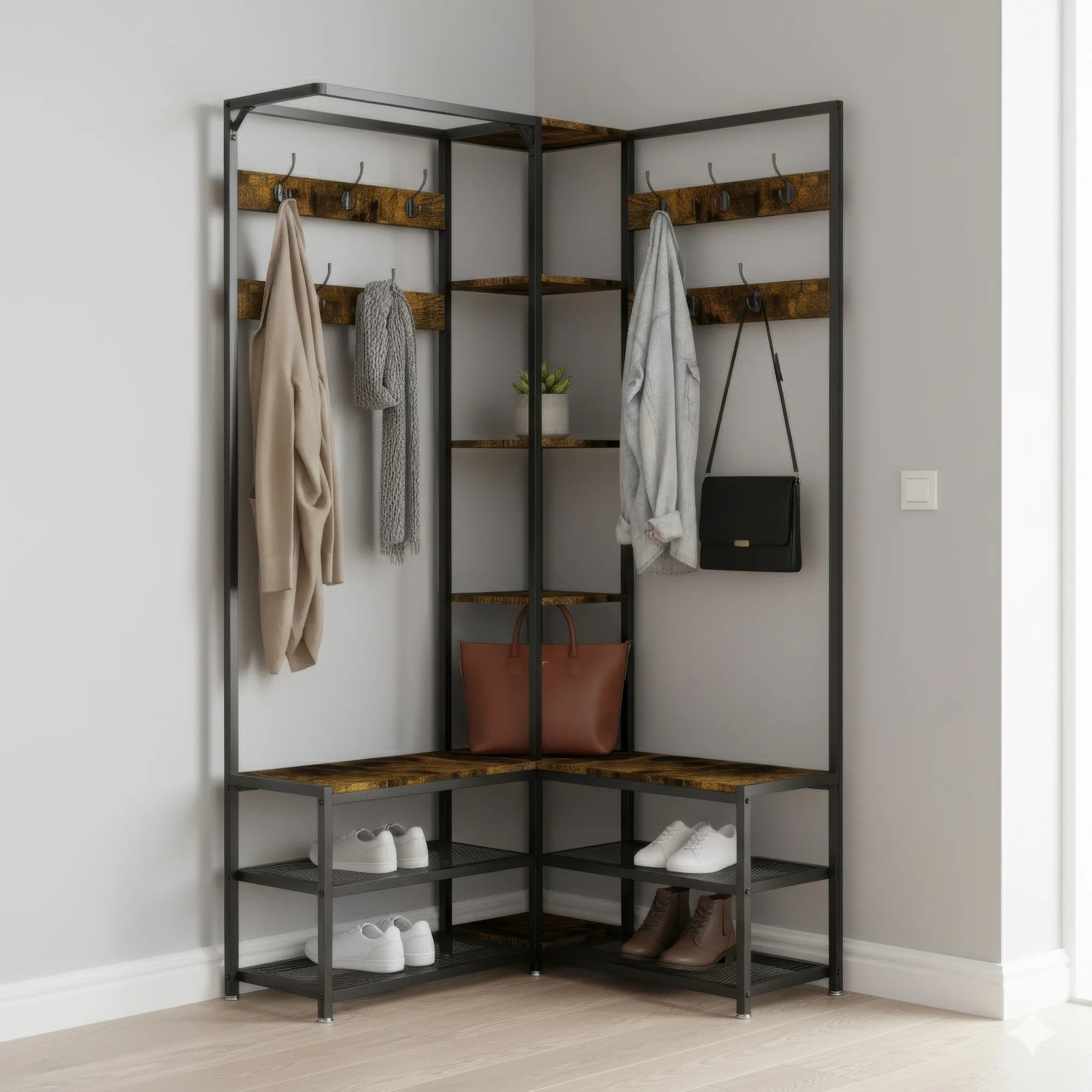 Industrial Hall Tree Coat Rack with Shelves and Metal Frame Entryway Storage Organizer Brown