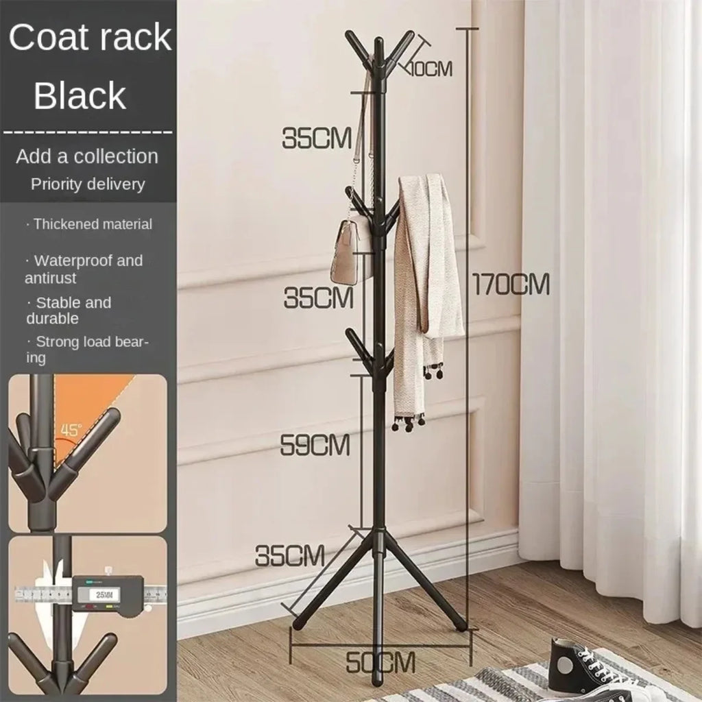 Freestanding Coat Rack with Multiple Hooks Plastic and Metal Clothes Stand Black
