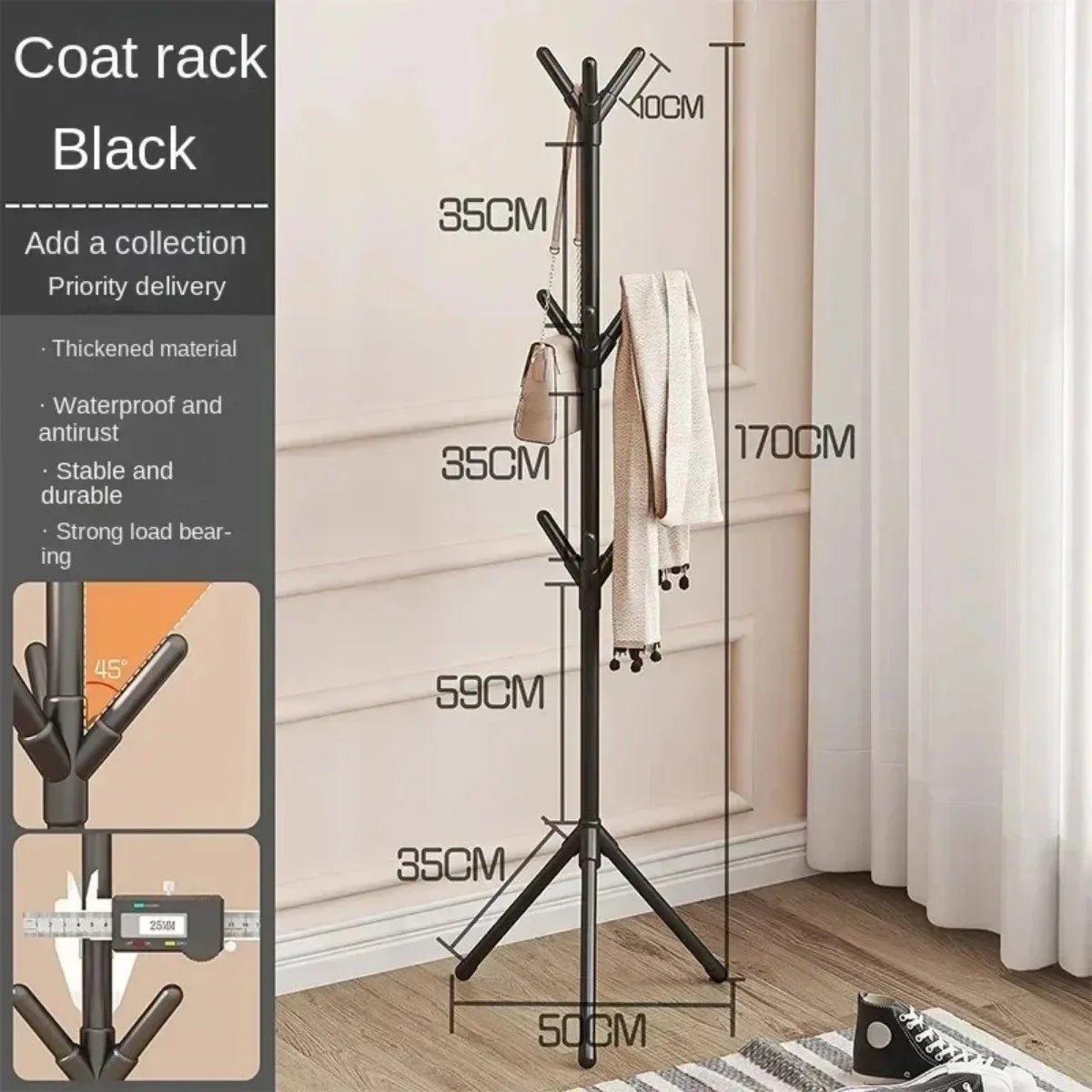 Freestanding Coat Rack with Multiple Hooks Plastic and Metal Clothes Stand Black