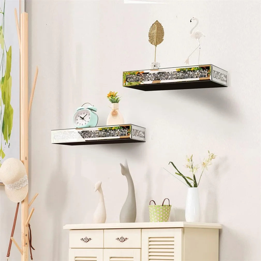 Floating Wall Shelf Set of 2 with Mirrored Glass Finish Decorative Display Shelves 38cm