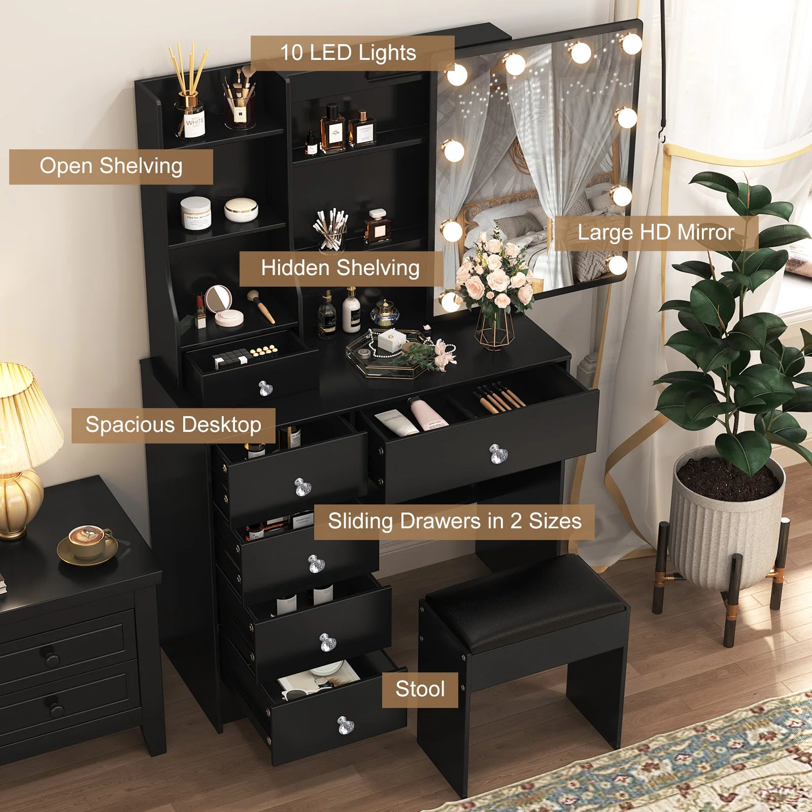 Vanity Table Set with LED Mirror, Stool and 6 Drawers Makeup Dressing Table Black