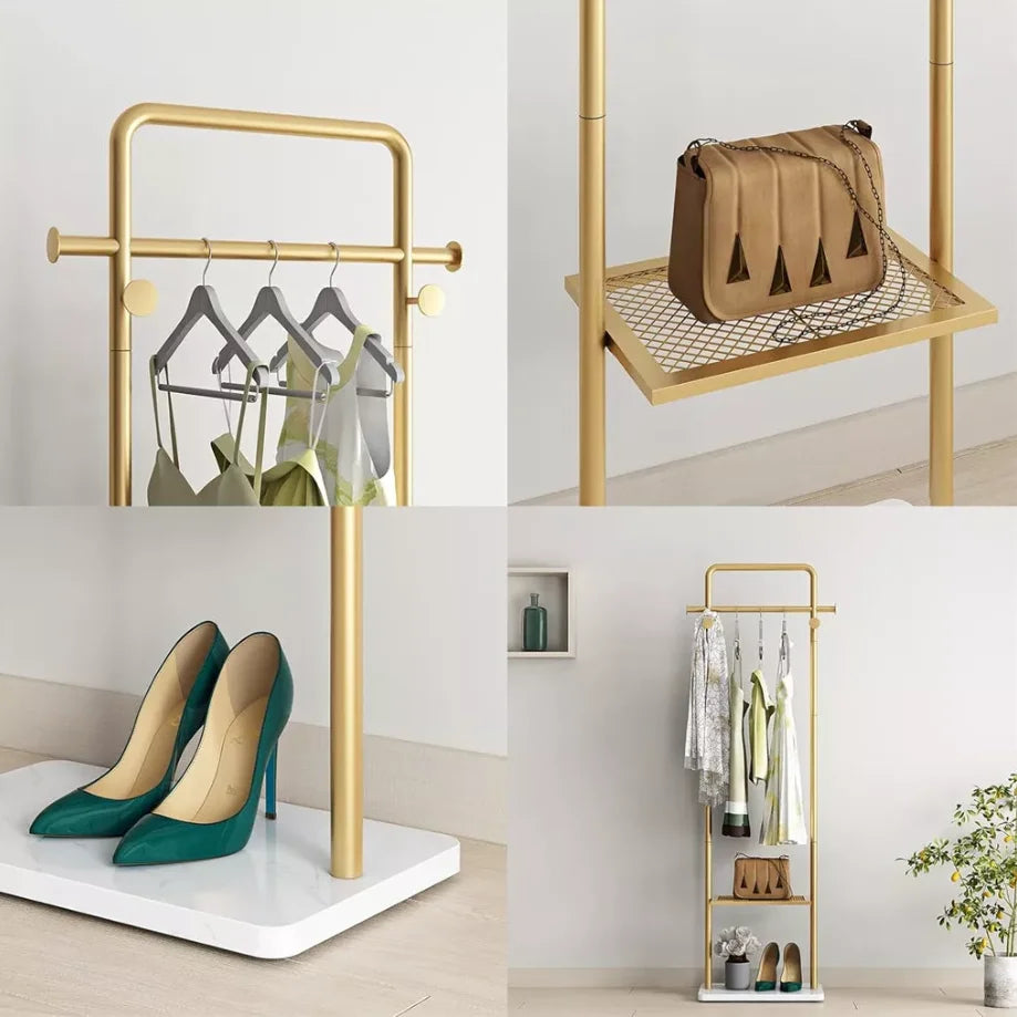 Freestanding Coat Rack Stand with Shelves and Hooks Gold Metal Garment Rack
