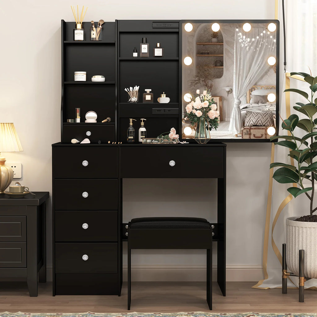 Vanity Table Set with LED Mirror, Stool and 6 Drawers Makeup Dressing Table Black