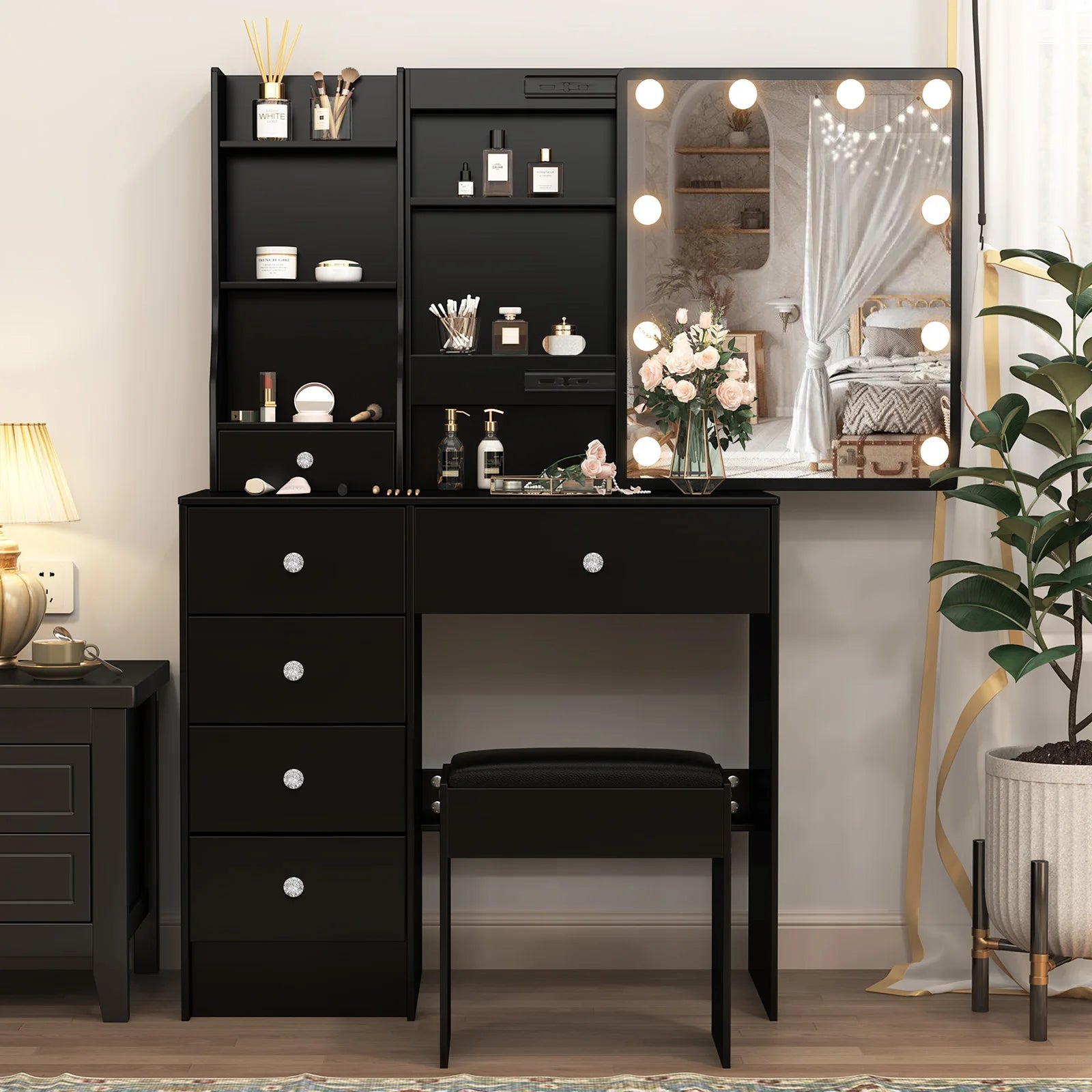 Vanity Table Set with LED Mirror, Stool and 6 Drawers Makeup Dressing Table Black