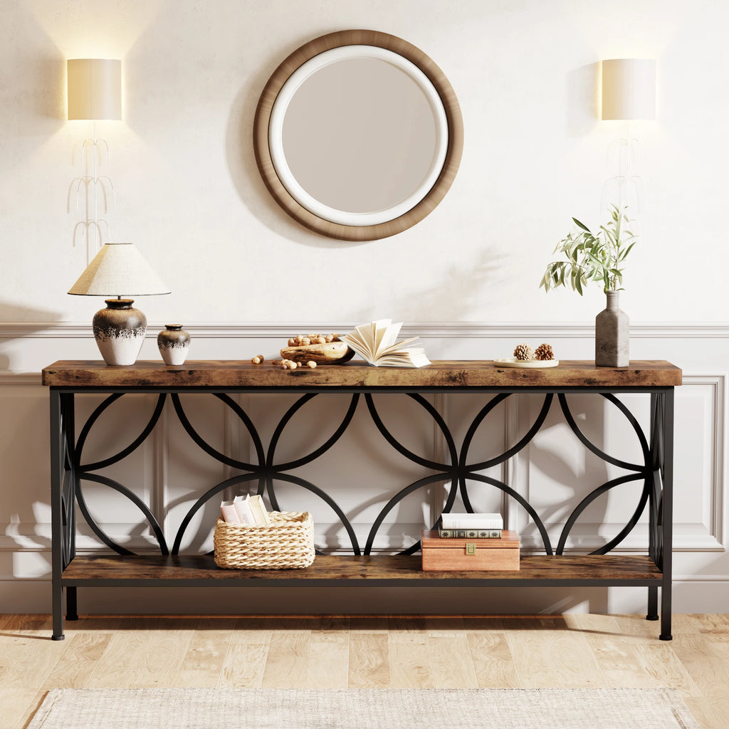 180cm Industrial Console Table with 2-Tier Shelf Narrow Sofa Table