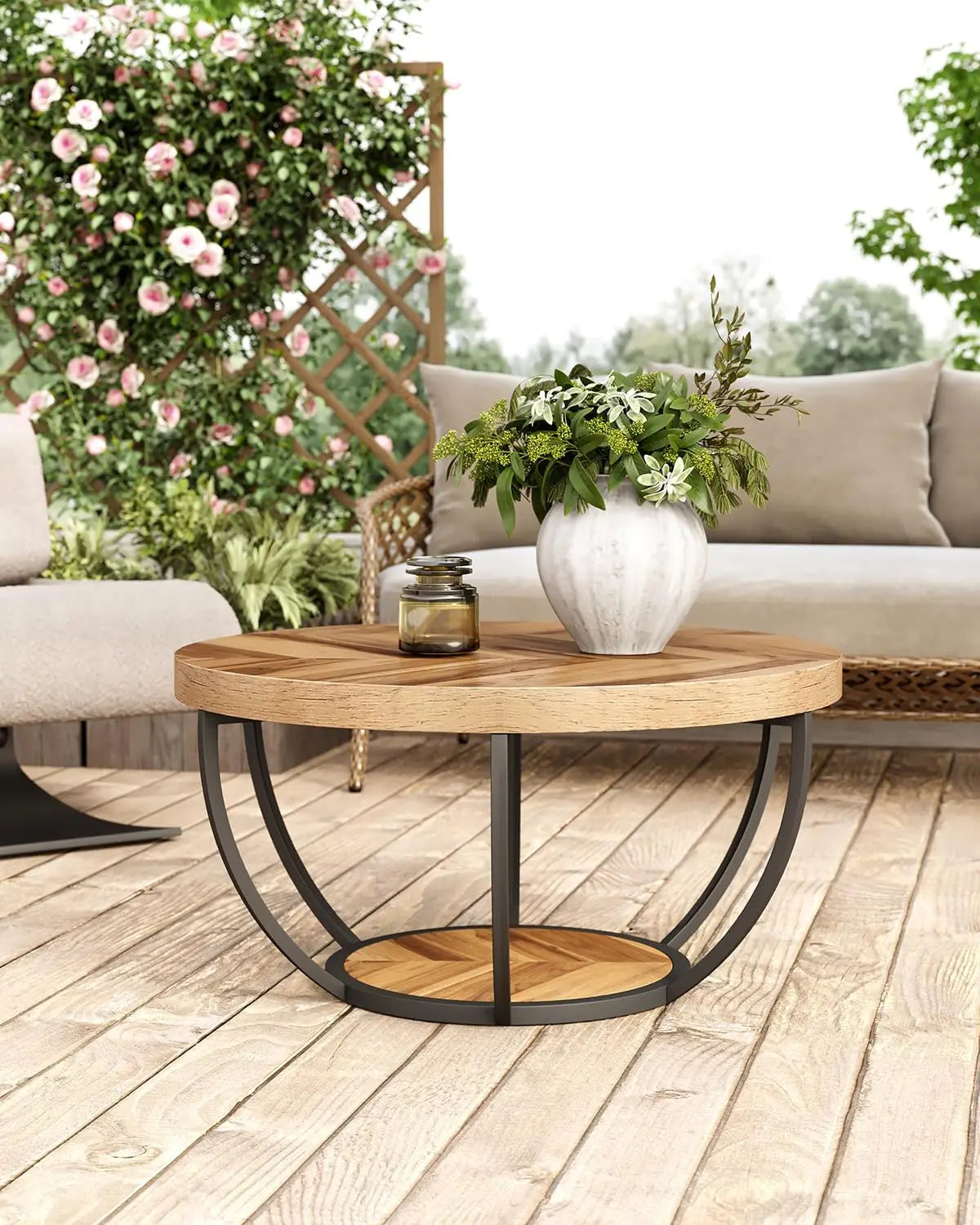 2-Tier Round Coffee Table with Metal Frame and Wooden Shelves Modern Living Room Side Table