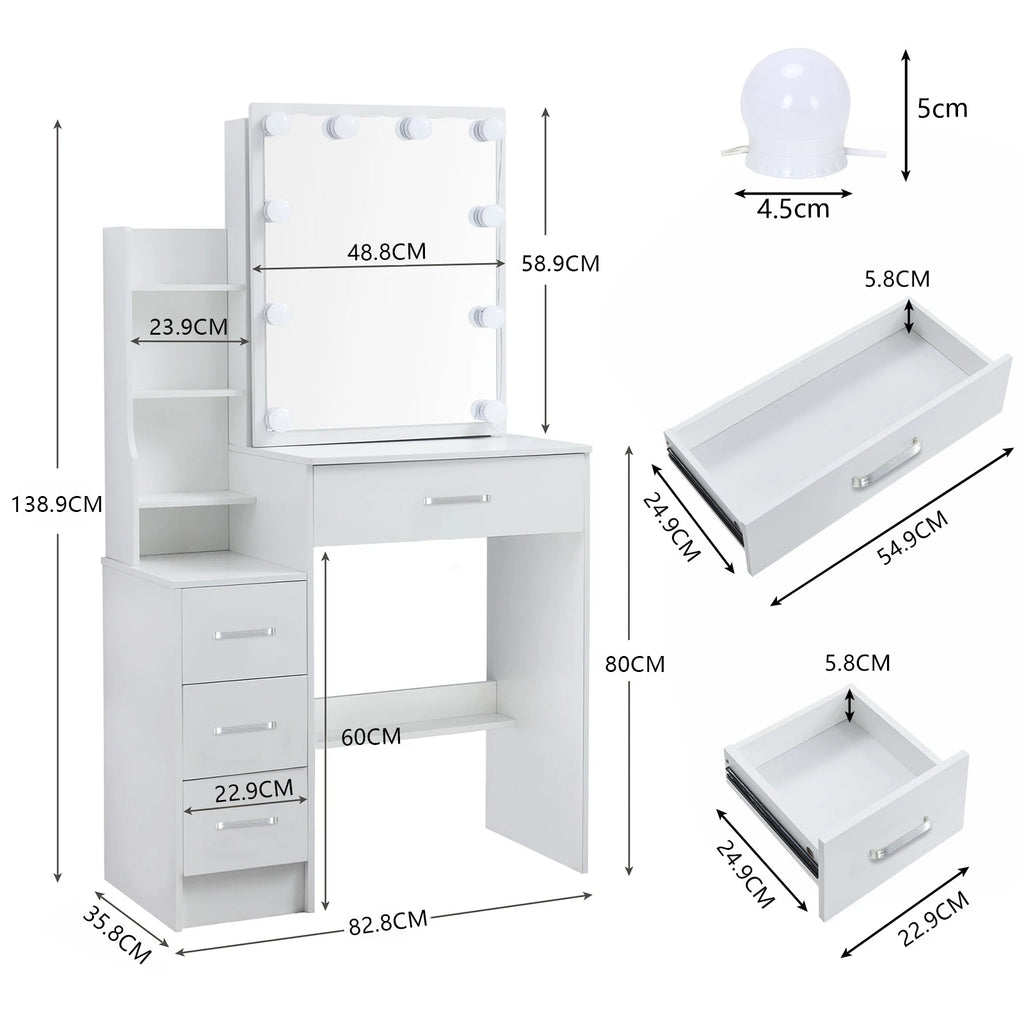 Vanity Table Set with LED Mirror, Stool and 4 Drawers Sliding Mirror Makeup Desk White