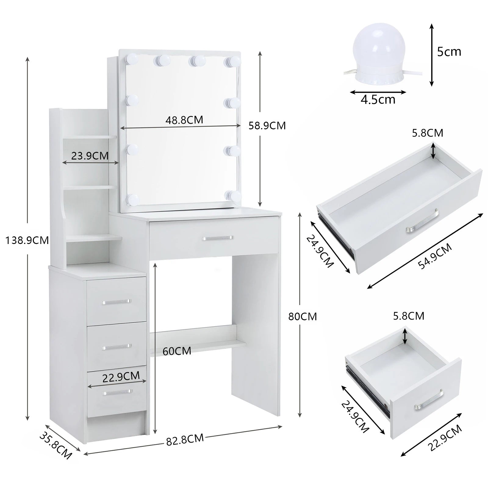 Vanity Table Set with LED Mirror, Stool and 4 Drawers Sliding Mirror Makeup Desk White