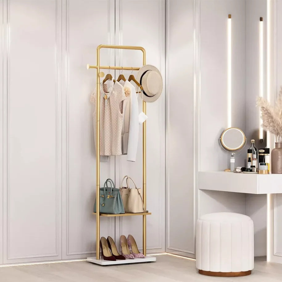 Freestanding Coat Rack Stand with Shelves and Hooks Gold Metal Garment Rack