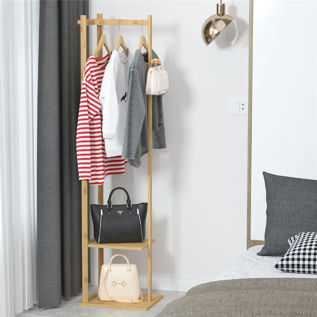 Bamboo Coat Rack Stand with Hooks and Shelves Freestanding Clothes Organiser Natural Wood