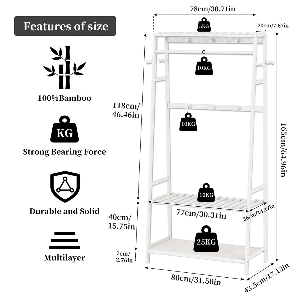 Bamboo Clothes Rack with Shelves and Wheels Freestanding Garment Rack with 10 Hooks Natural Wood