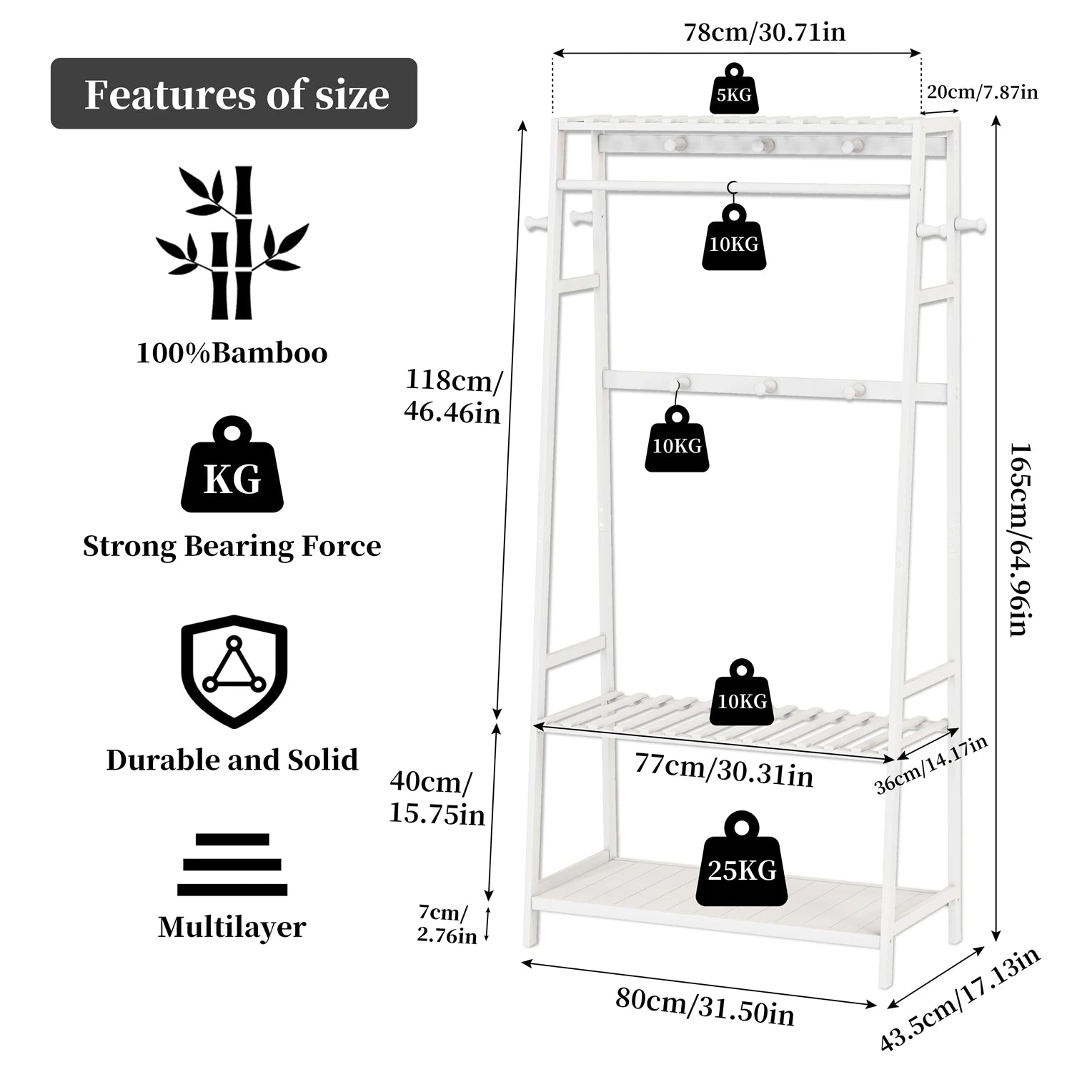 Bamboo Clothes Rack with Shelves and Wheels Freestanding Garment Rack with 10 Hooks White