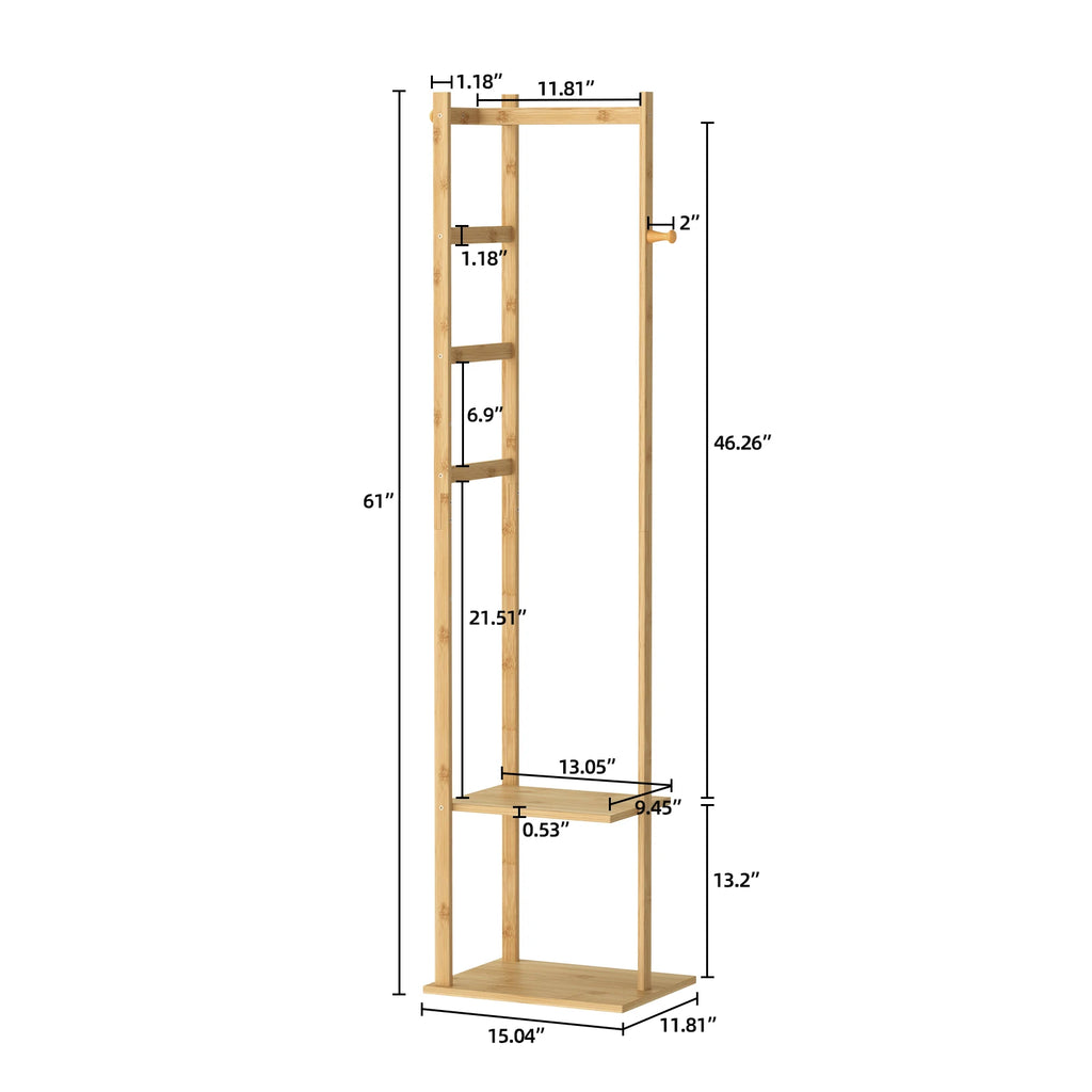 Bamboo Coat Rack Stand with Shelves and Hooks Freestanding Clothes Organiser Natural Wood