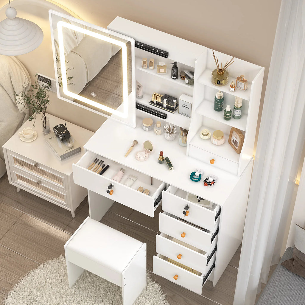 Vanity Table Set with LED Mirror, Stool and 6 Drawers Sliding Mirror Makeup Dressing Table
