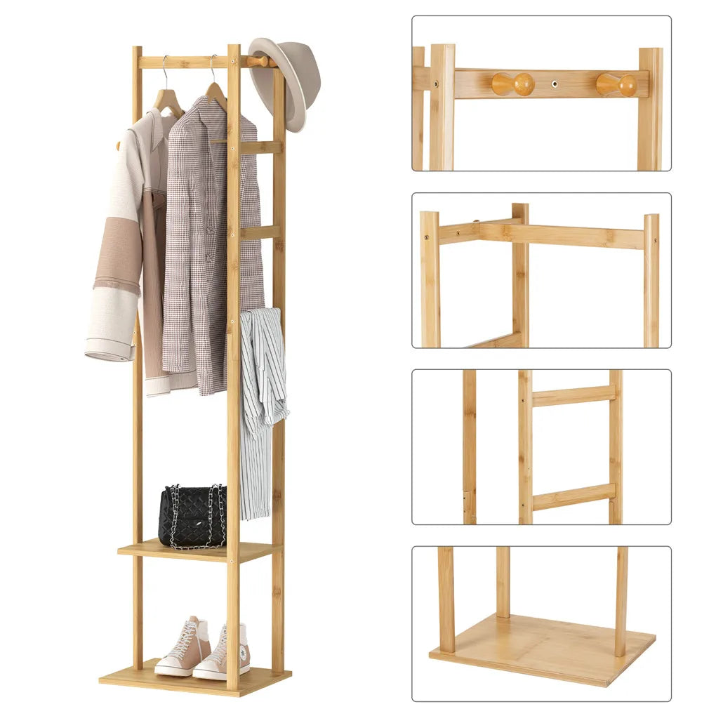 Bamboo Coat Rack Stand with Hooks and Shelves Freestanding Clothes Organiser Natural Wood