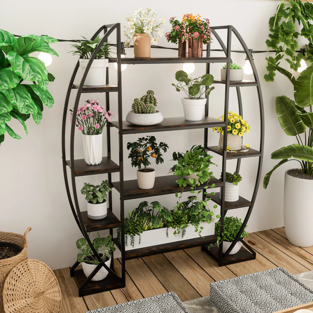 Half-Moon Shape Plant Stand Industrial Bookshelf Storage Shelf Multilayer Garden Flower Rack Without Lights