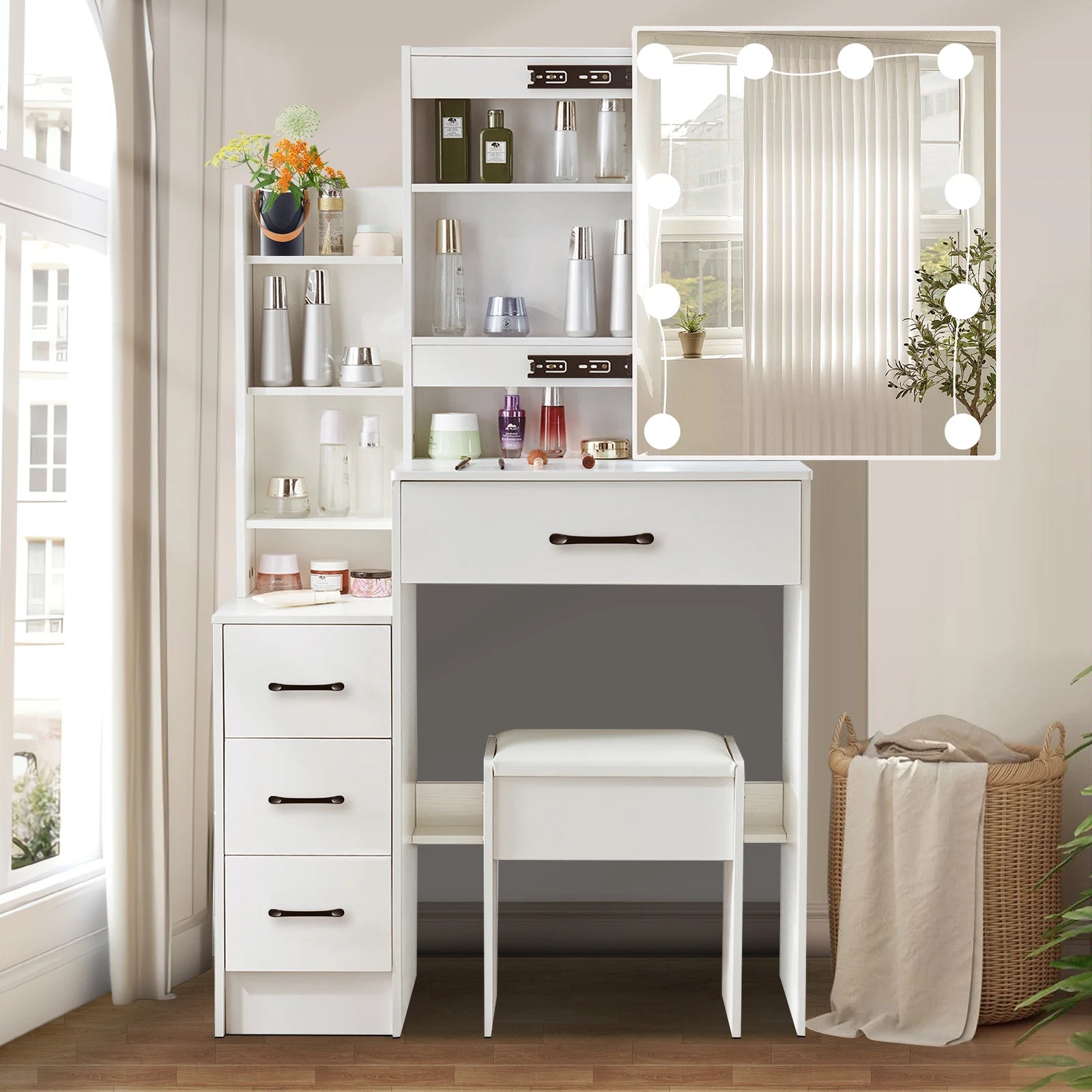 Vanity Table Set with LED Mirror, Stool and Drawers Sliding Mirror Makeup Dressing Table White