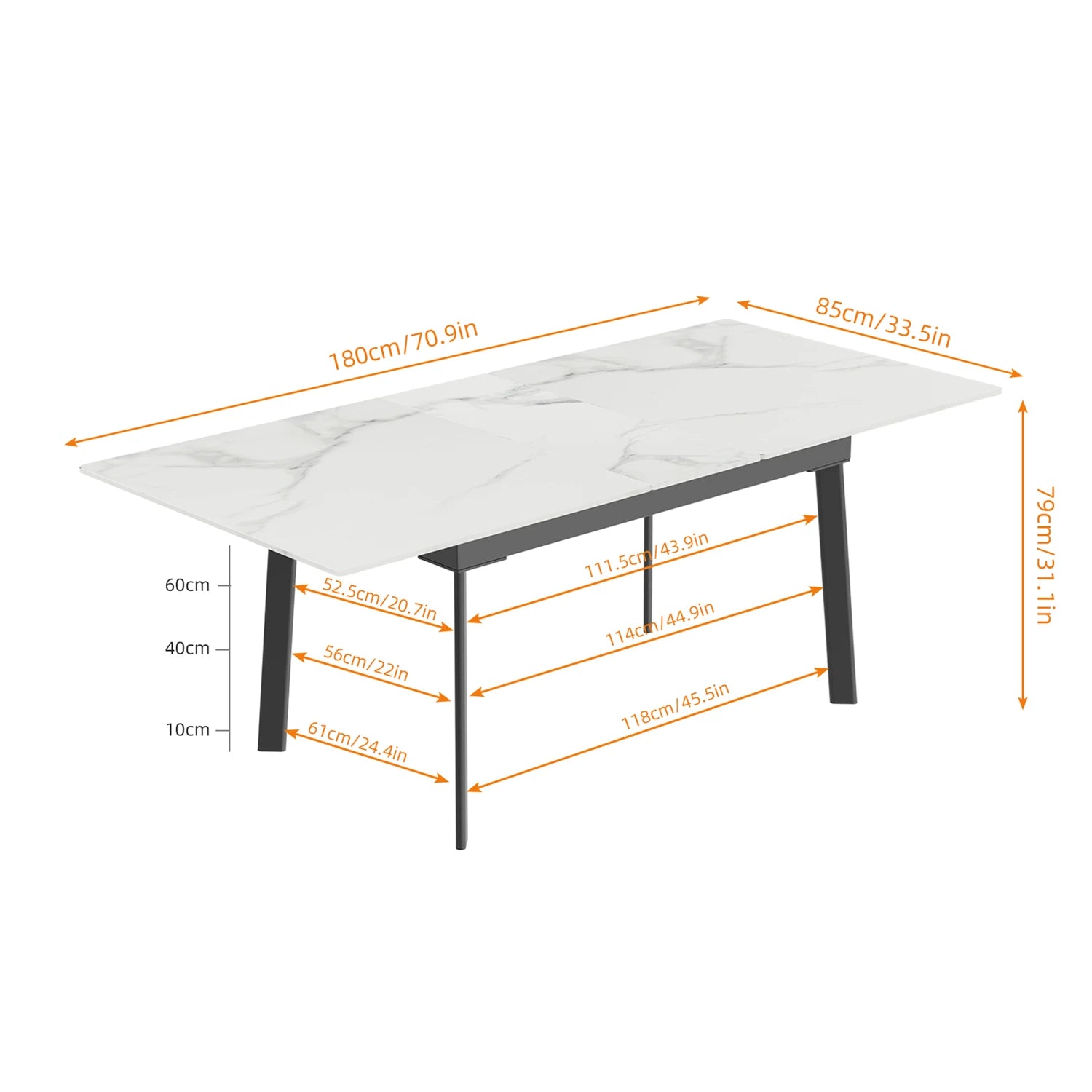 Extendable Dining Table with Sintered Stone Top and Metal Frame 150-180cm Modern Kitchen Table Black