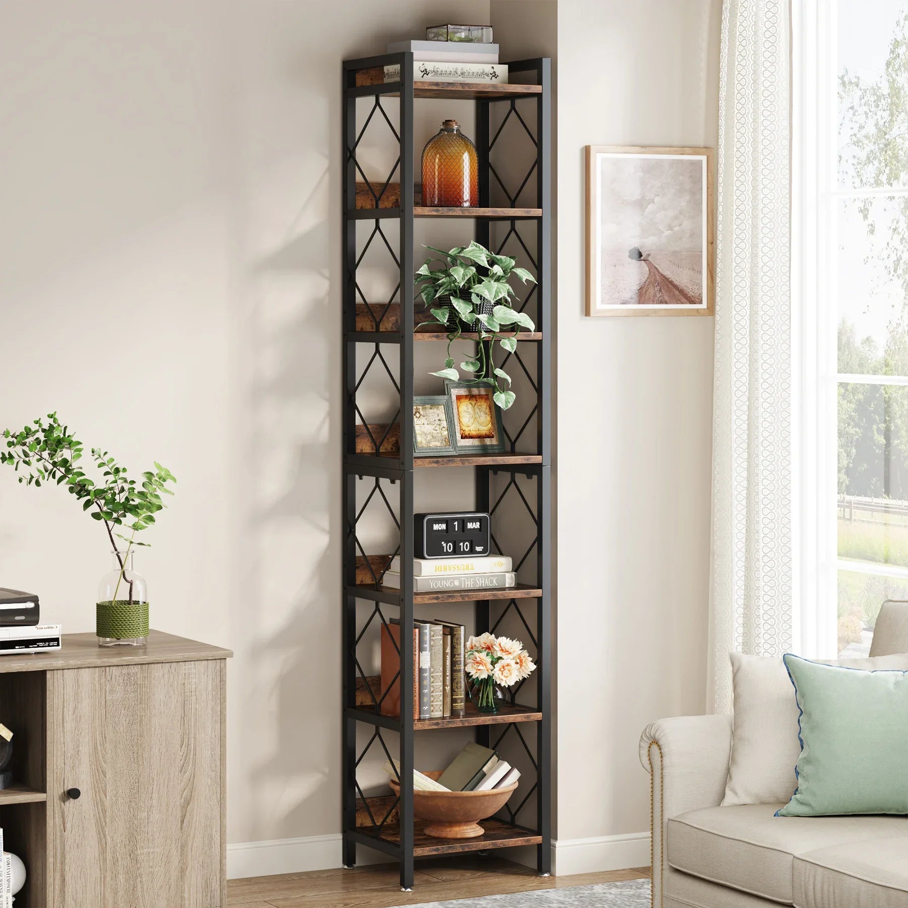 7 Tier Corner Bookshelf Tall Industrial Corner Shelf Narrow Storage Display Rack Rustic Brown & Black