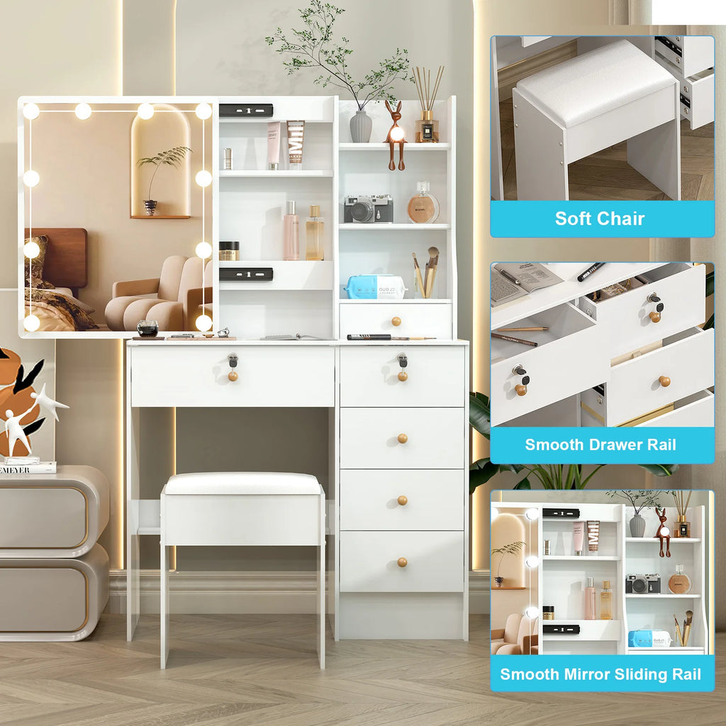 Vanity Table Set with LED Mirror, Stool and 6 Drawers Sliding Mirror Makeup Dressing Table White