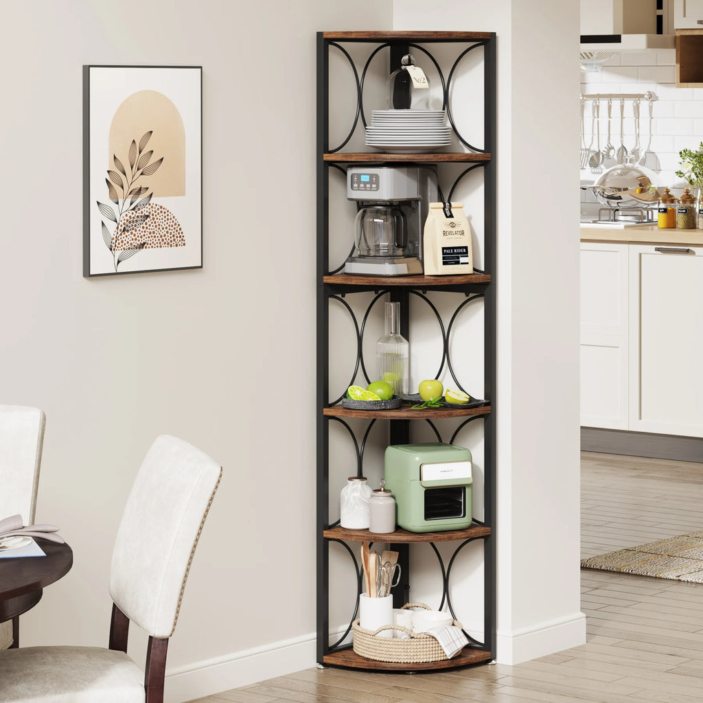 6 Tier Corner Shelf Industrial Tall Bookcase Storage Display Stand for Living Room Office