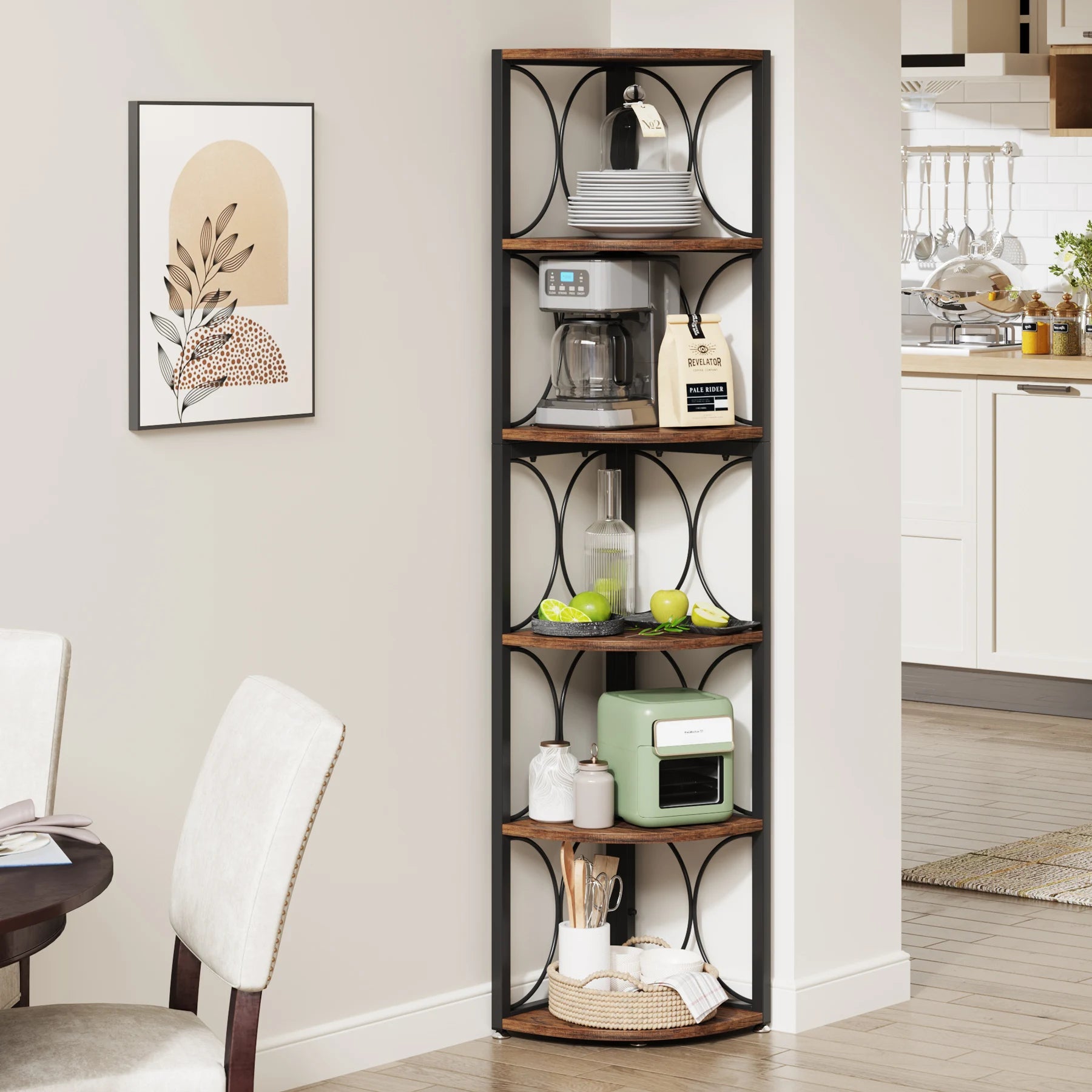 6 Tier Corner Shelf Industrial Tall Bookcase Storage Display Stand for Living Room Office