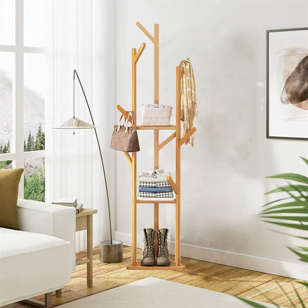 Bamboo Coat Rack Stand with 10 Hooks Freestanding Clothes Hanger Organiser Natural Bamboo