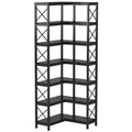 7-Tier Industrial Corner Bookshelf with Metal Frame and Wooden Shelves Heavy Duty Storage Display Rack Black