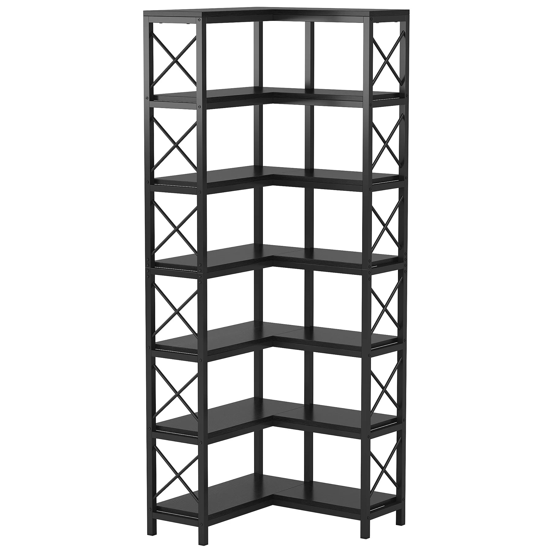 7-Tier Industrial Corner Bookshelf with Metal Frame and Wooden Shelves Heavy Duty Storage Display Rack Black
