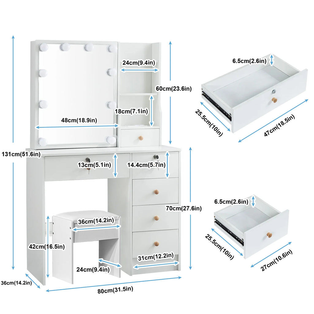 Vanity Table Set with LED Mirror, Stool and 6 Drawers Sliding Mirror Makeup Dressing Table White