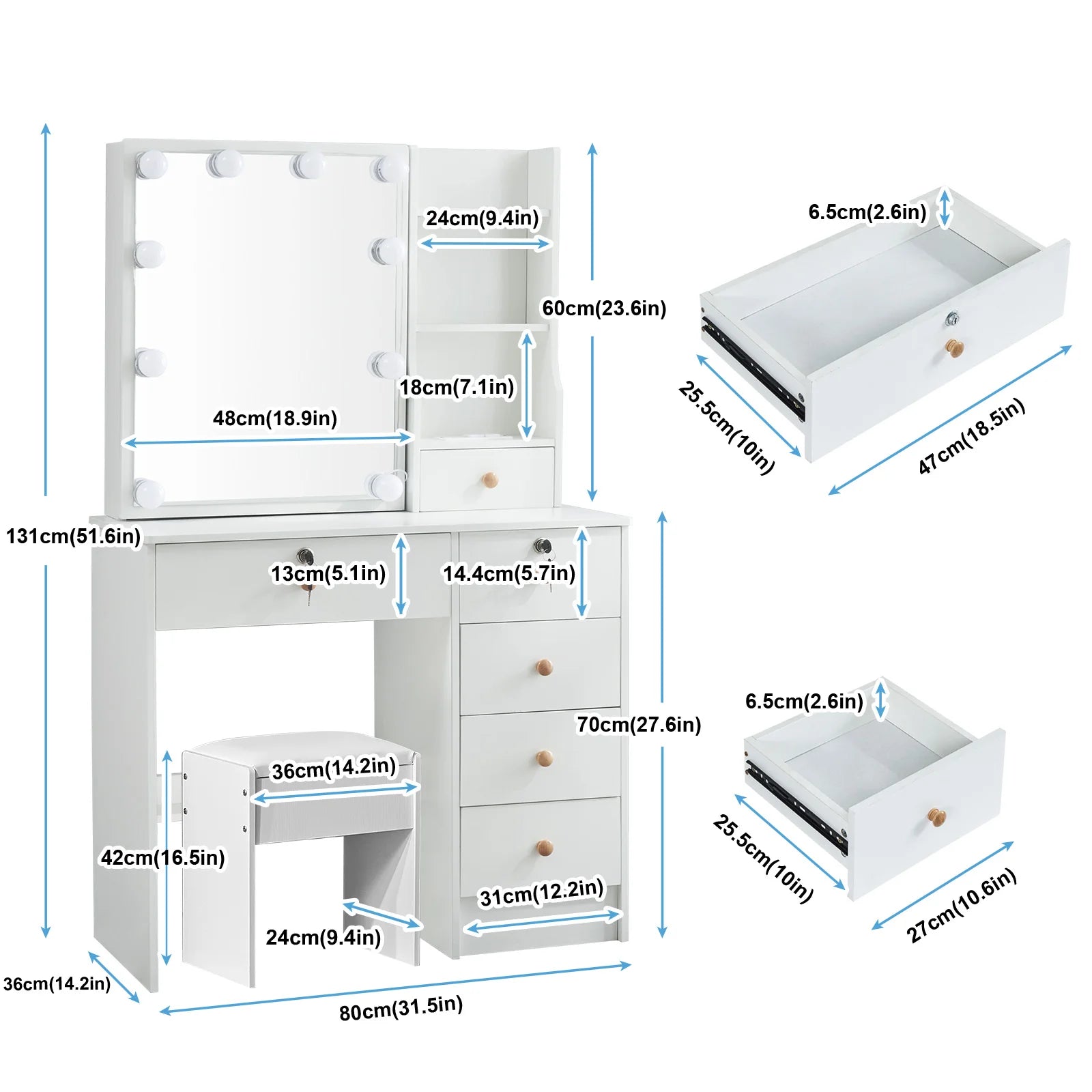 Vanity Table Set with LED Mirror, Stool and 6 Drawers Sliding Mirror Makeup Dressing Table White