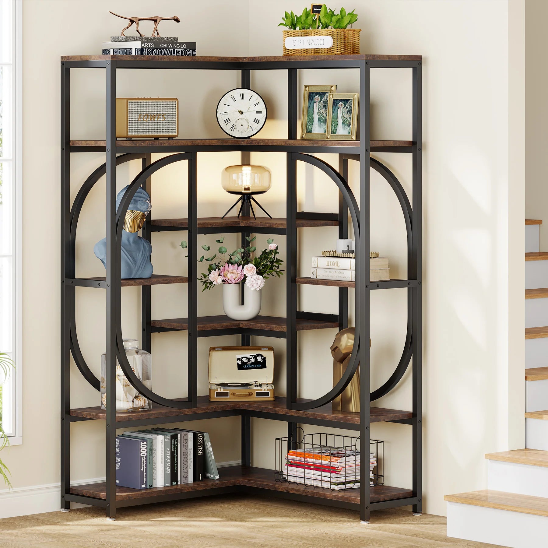 7-Tier Corner Bookshelf Industrial Corner Shelf Storage Display Rack
