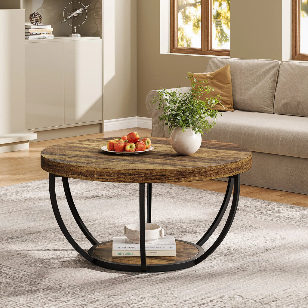 2-Tier Round Coffee Table with Metal Frame and Wooden Shelves Modern Living Room Side Table