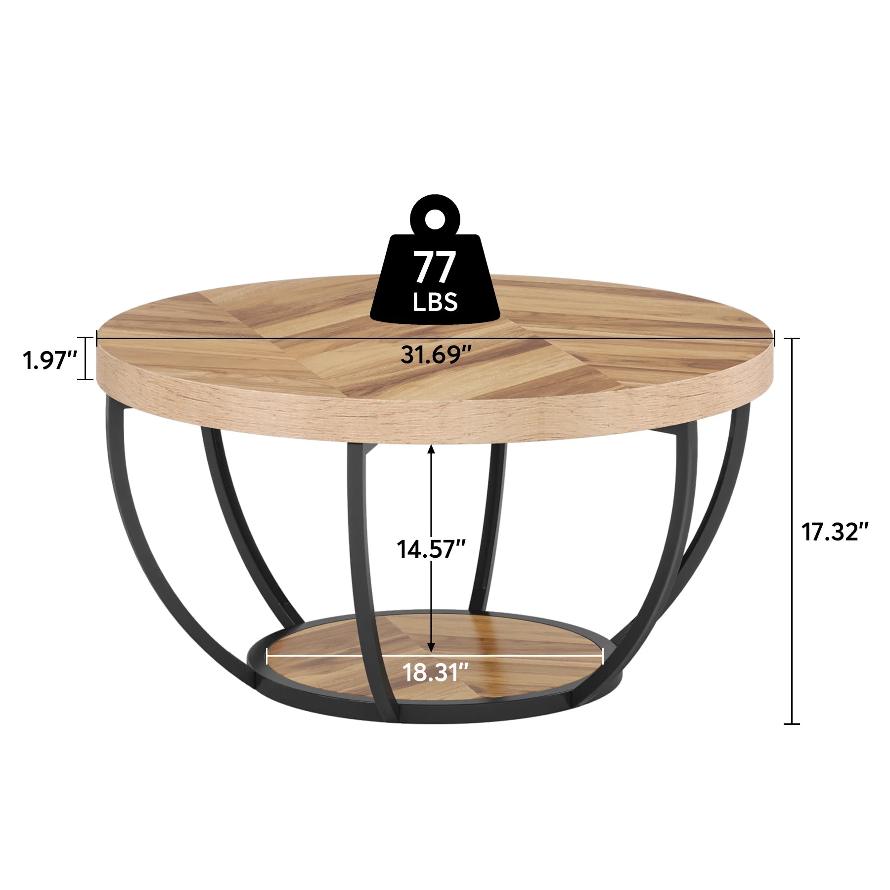 2-Tier Round Coffee Table with Metal Frame and Wooden Shelves Modern Living Room Side Table