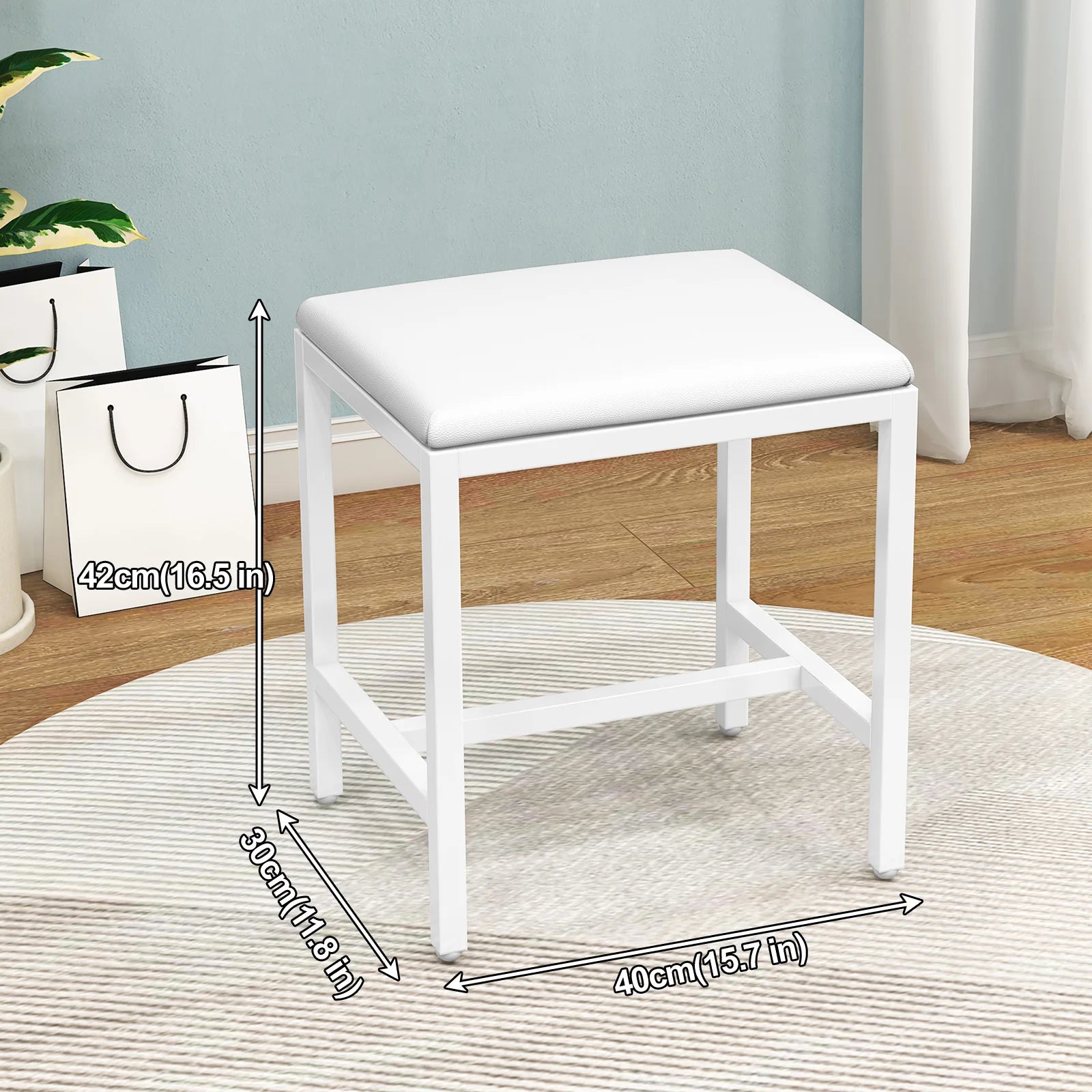 Upholstered Vanity Stool with PU Leather Seat and Metal Legs Dressing Table Chair White