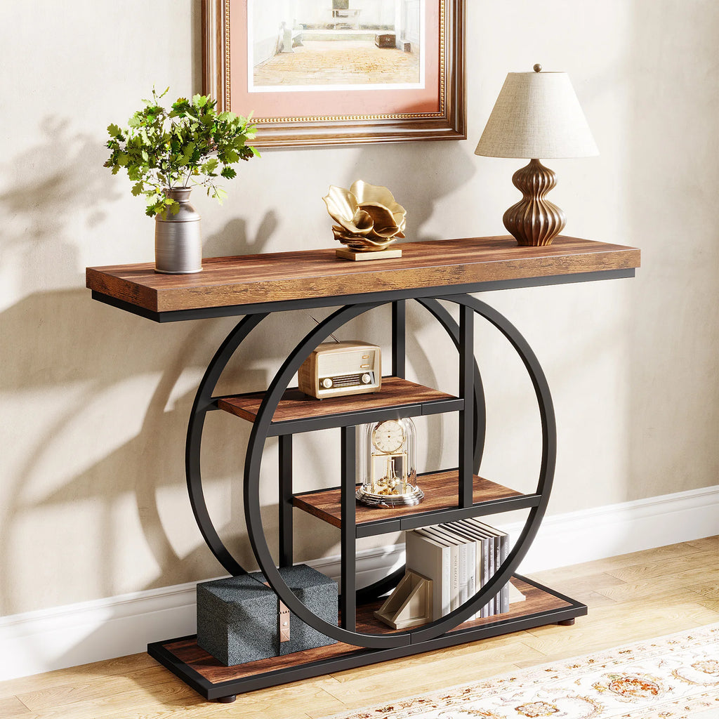 4-Tier Industrial Console Table with Metal Frame and Wooden Shelves Entryway Hallway Storage Table Dark Brown