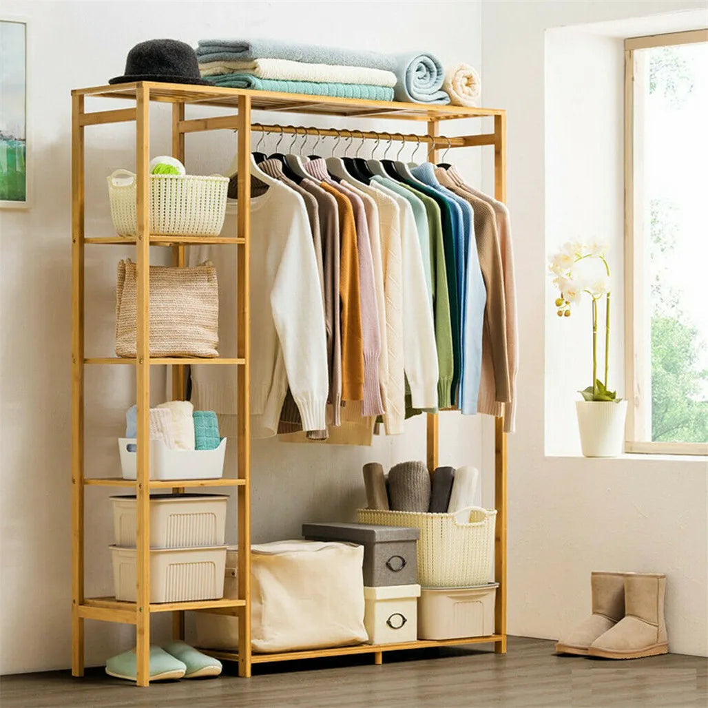 Bamboo Clothes Rack with Shelves and Dustproof Curtain Freestanding Garment Rack Brown