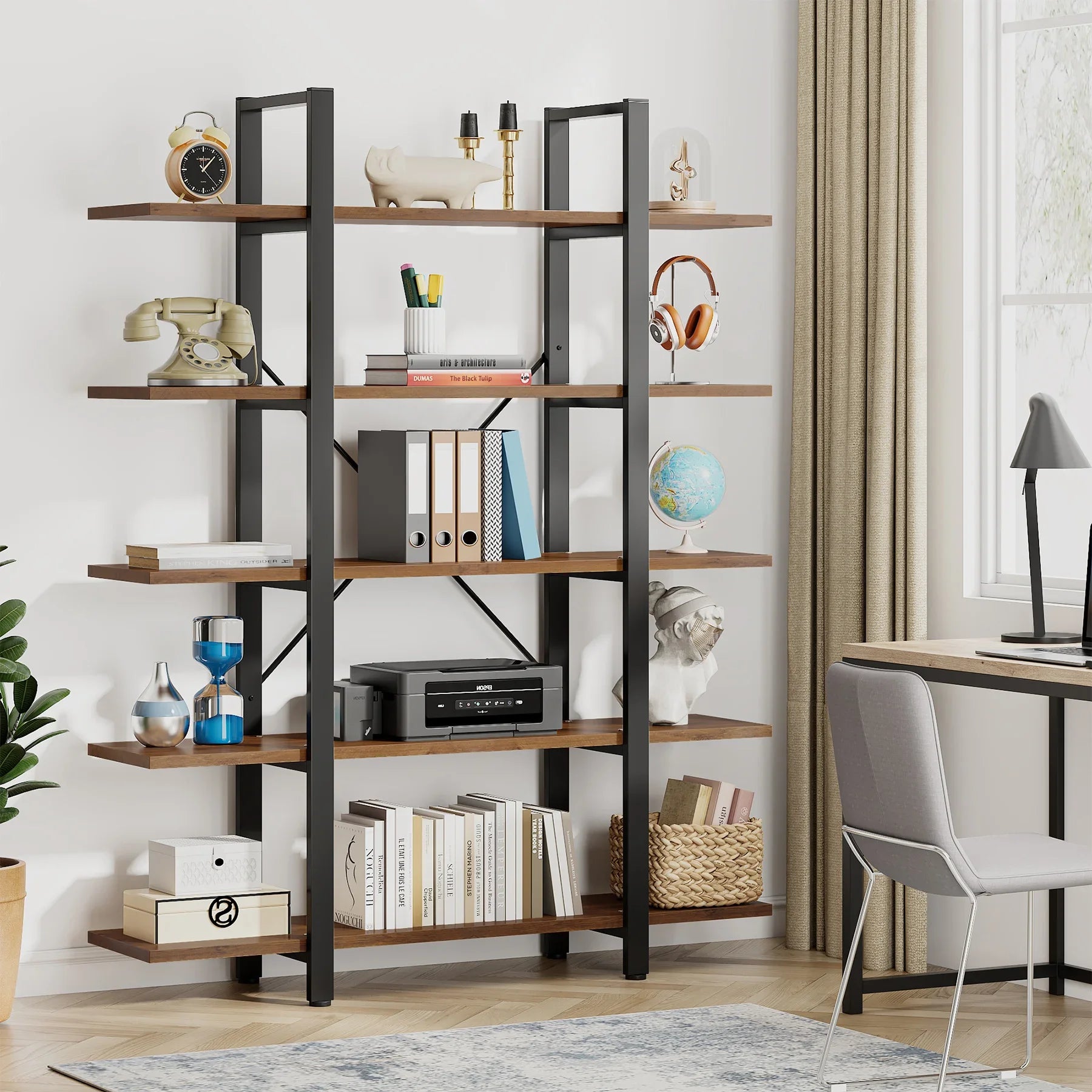 Industrial 5 Tier Bookshelf 180cm Tall Metal Frame Rustic Wood Storage Display Shelf Brown