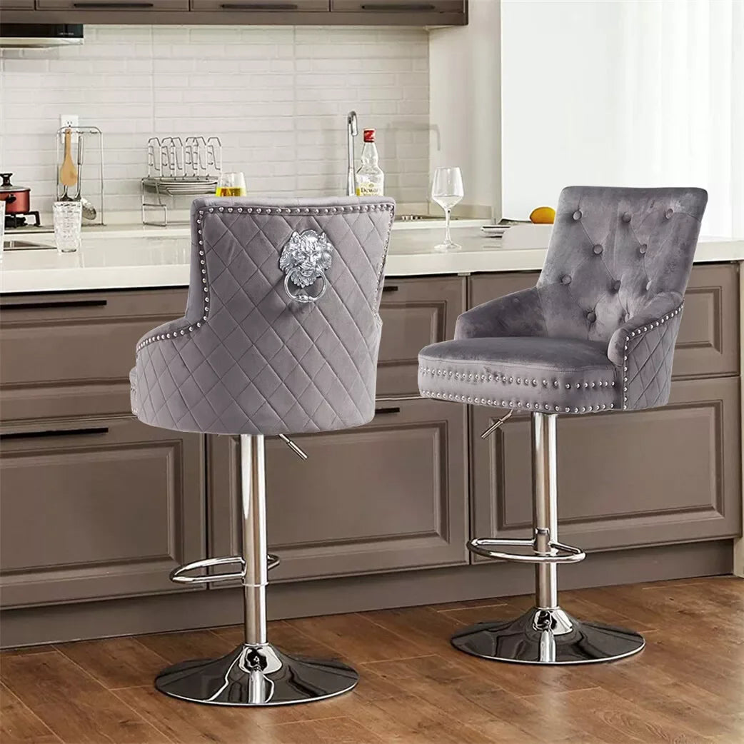Adjustable Swivel Bar Stool with Velvet Seat and Metal Base Vintage Counter Stool Grey